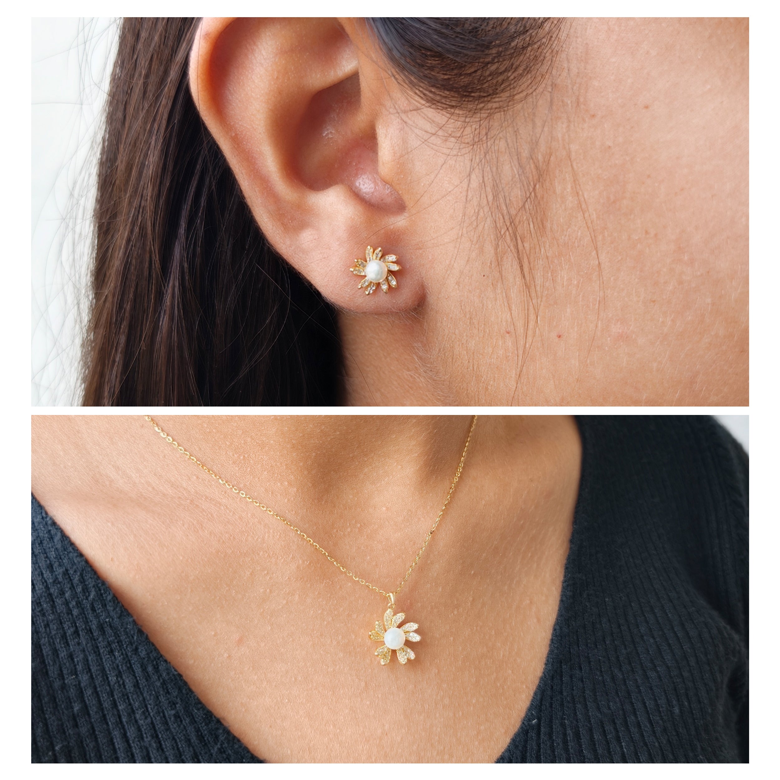 Golden Pearl Daisy Jewelry Set