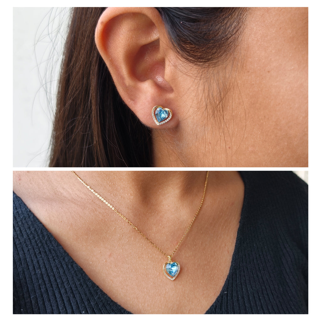 Blue Heart Charm Necklace & Earrings