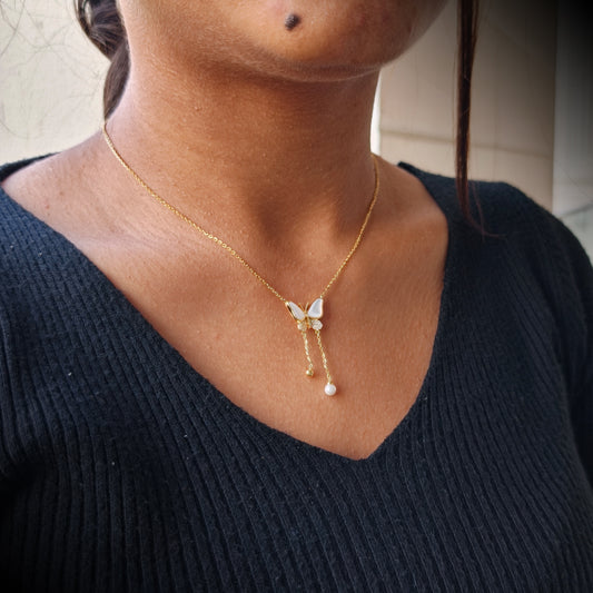 Butterfly Pearl Drop Golden Necklace