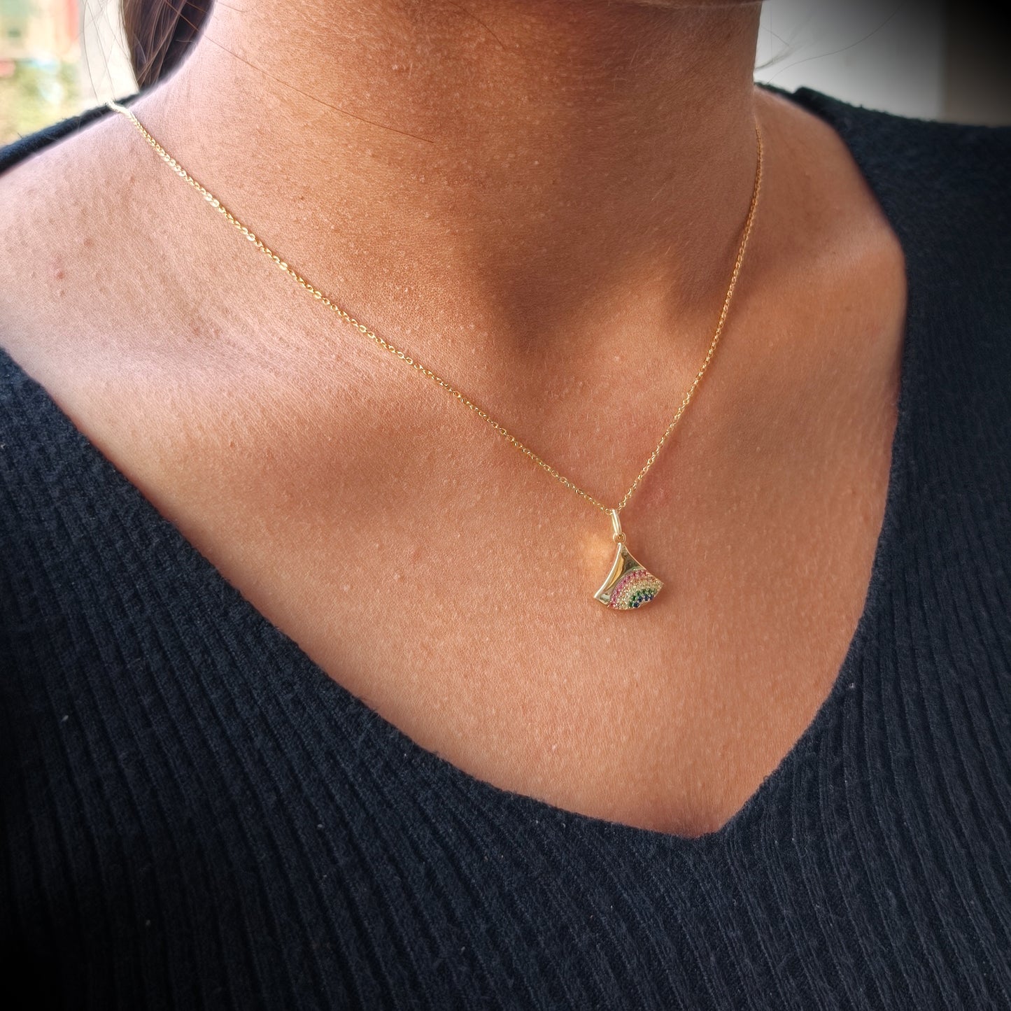 Golden Rainbow Spark Fan Pendant Necklace