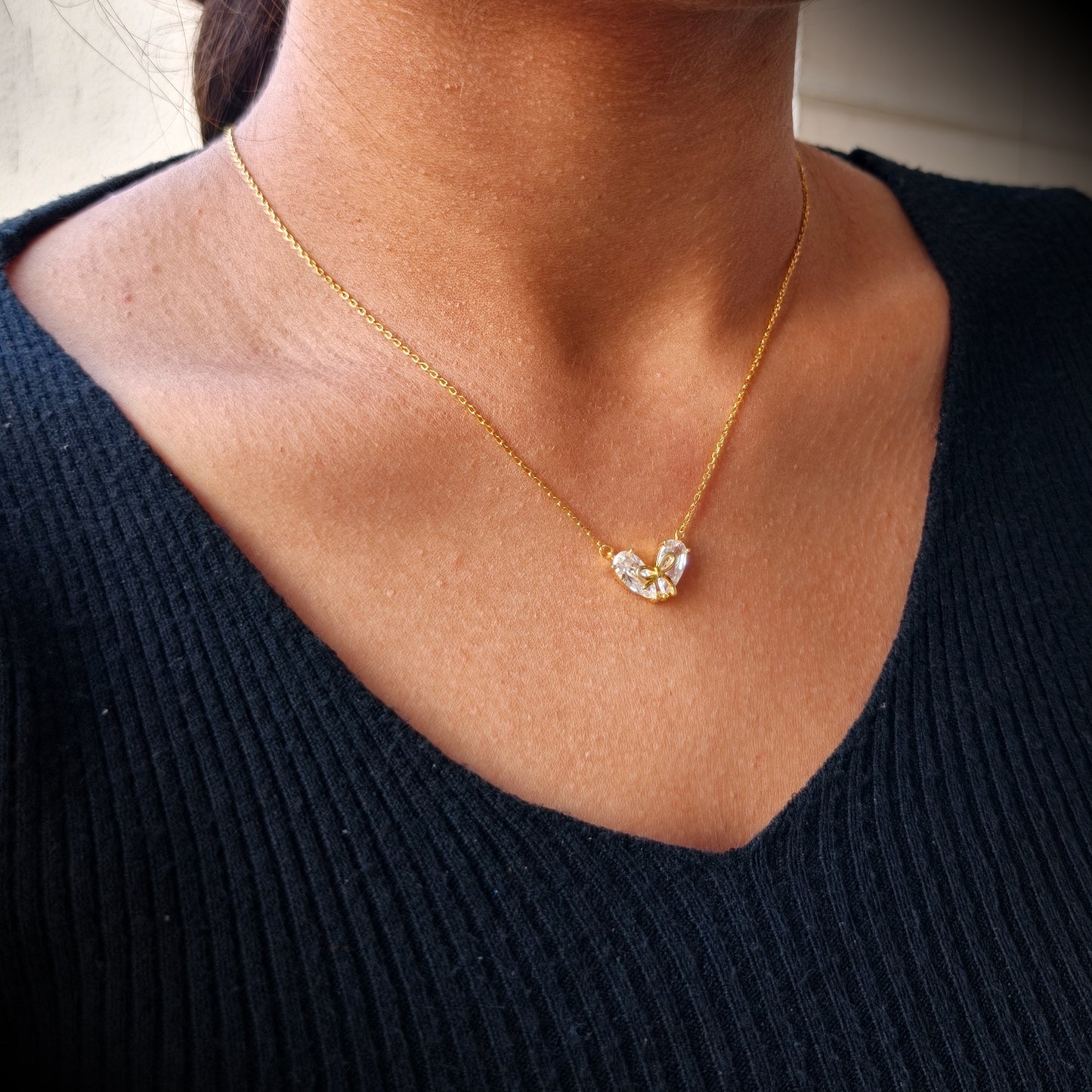 Twin Heart Bow Gold Necklace