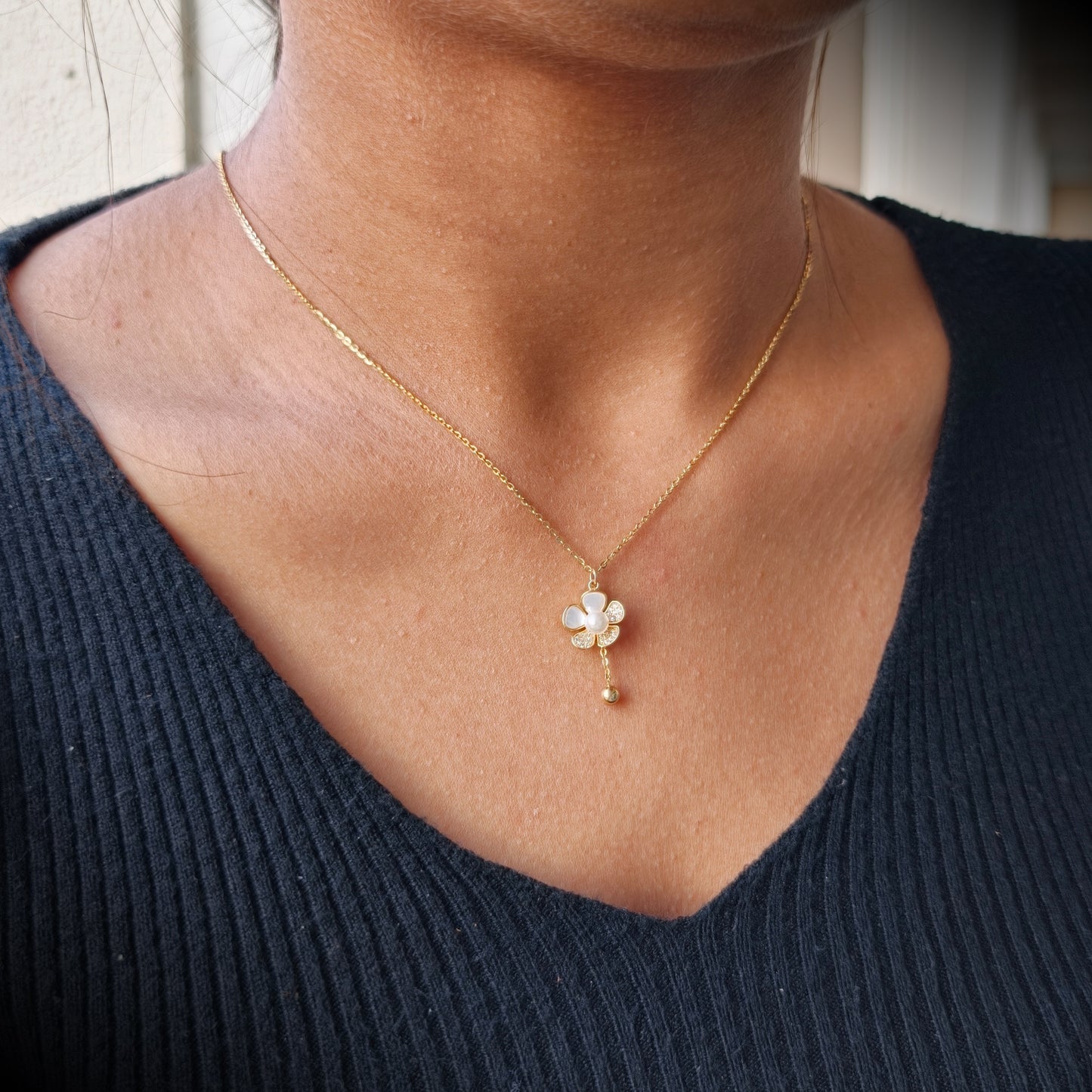 Radiant Flower Pearl Drop Gold Necklace