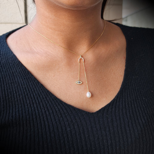 Golden Evil Eye Pearl Drop Lariat Necklace