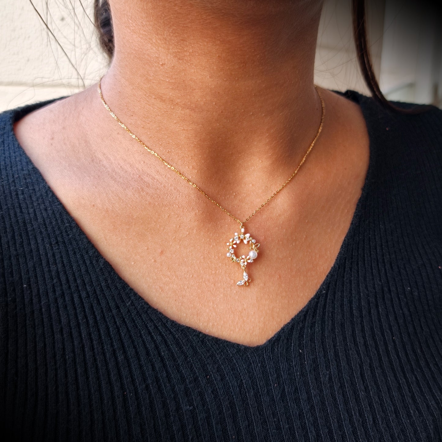 Golden Blossom Pearl & Crystal Drop Necklace