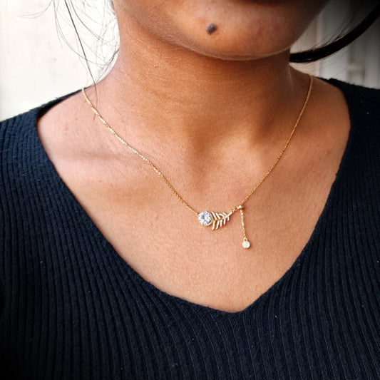 Golden Crystal Leaf Lariat Necklace