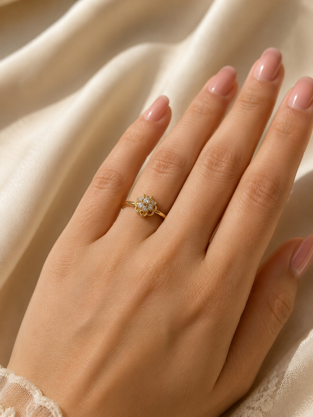 9K Gold Floral Diamond Ring  (Size - 11)
