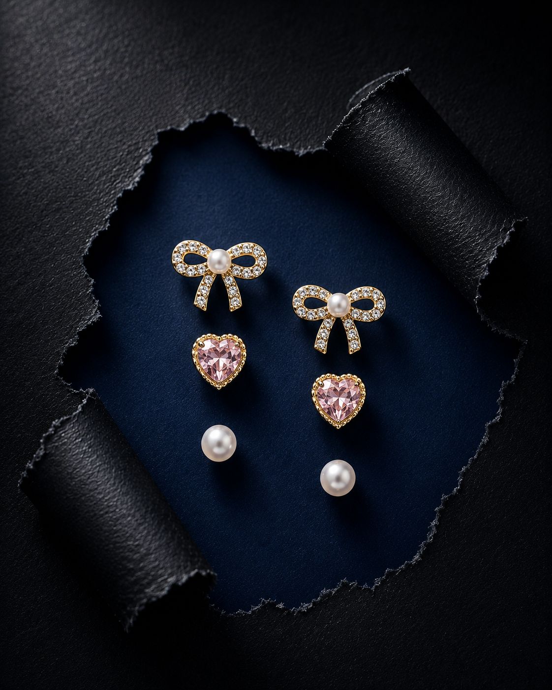 Tiny Pink Heart & Bow Stud Set of 3