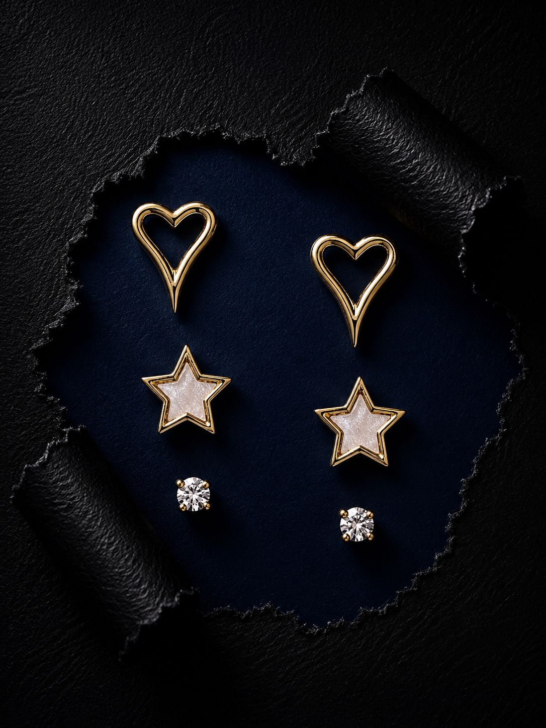 Gold Finish Heart & Star Stud Trio