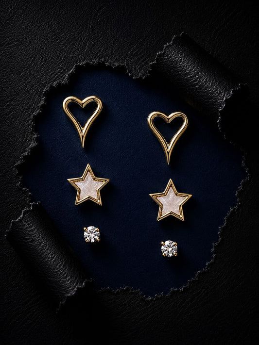 Gold Finish Heart & Star Stud Trio