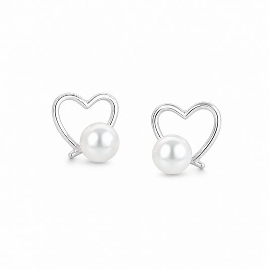 Silver Delicate Pearl Heart Studs