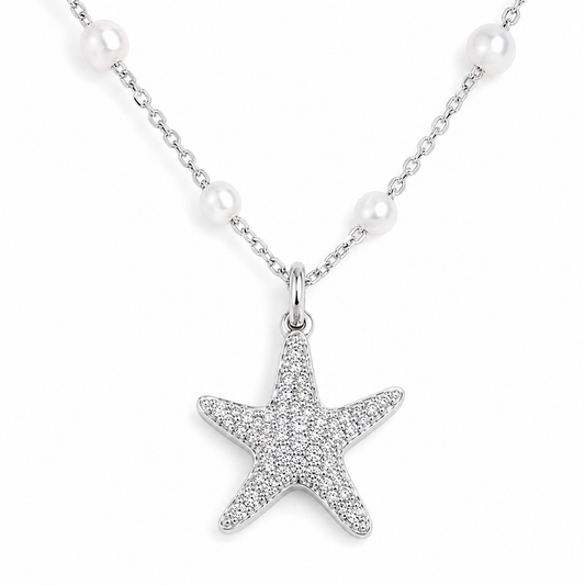 Silver Star Pearl Charm Necklace