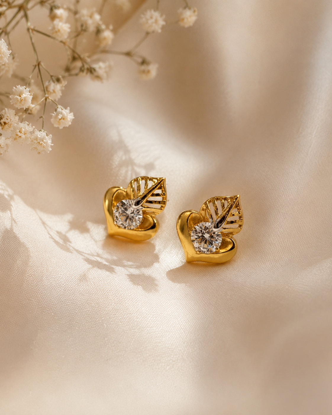 9K Gold Heart Leaf CZ Stud Earrings