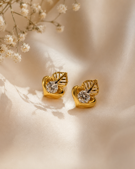 9K Gold Heart Leaf CZ Stud Earrings