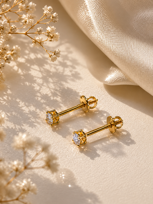 9K Gold Solitaire Screw Back Stud Earrings