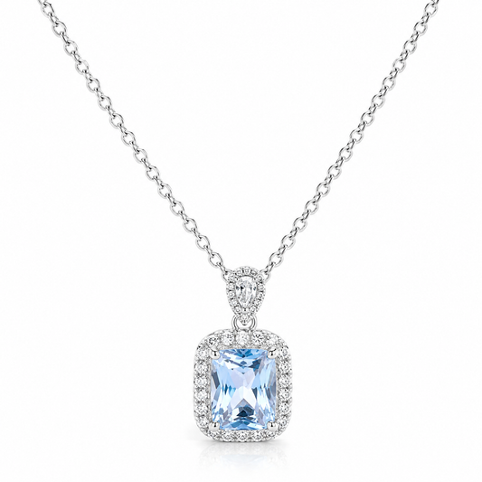 Silver Elegant Blue Stone Halo Necklace