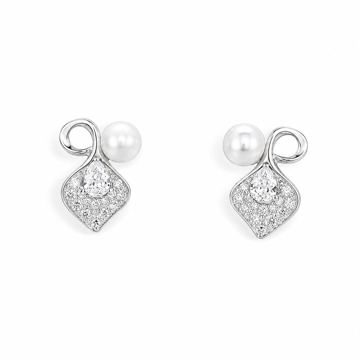 Silver Pearl Leaf Spark Stud Earrings