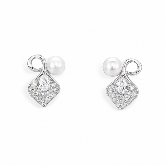 Silver Pearl Leaf Spark Stud Earrings