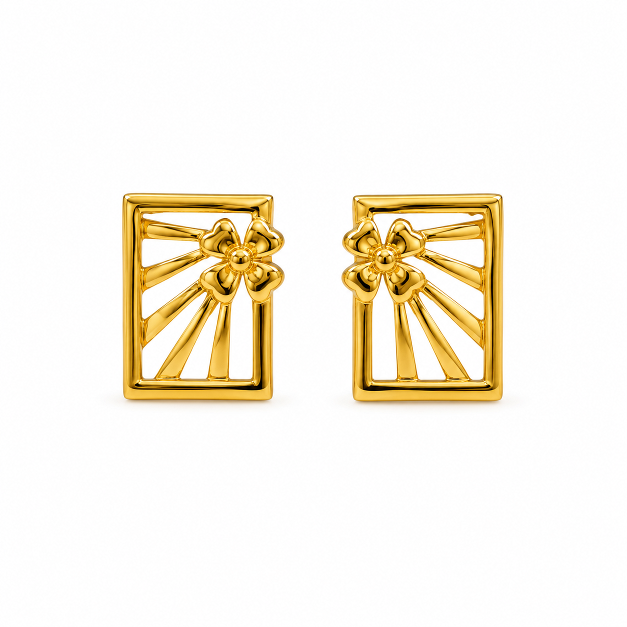 9K Gold Floral Sunburst Rectangle Stud Earrings
