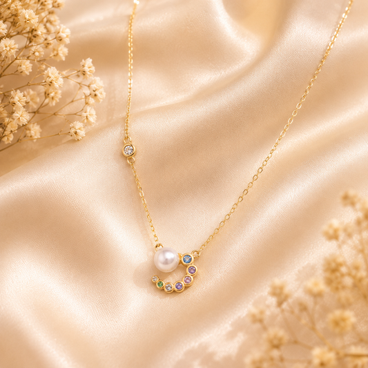 Silver Celestial Pearl & Multicolor Gold Necklace