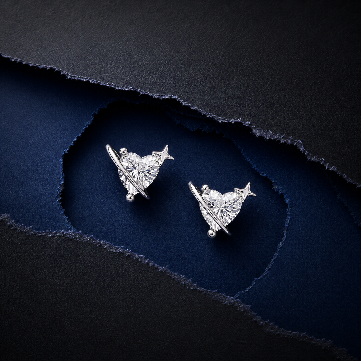 Silver Starry Heart Sparkle Studs