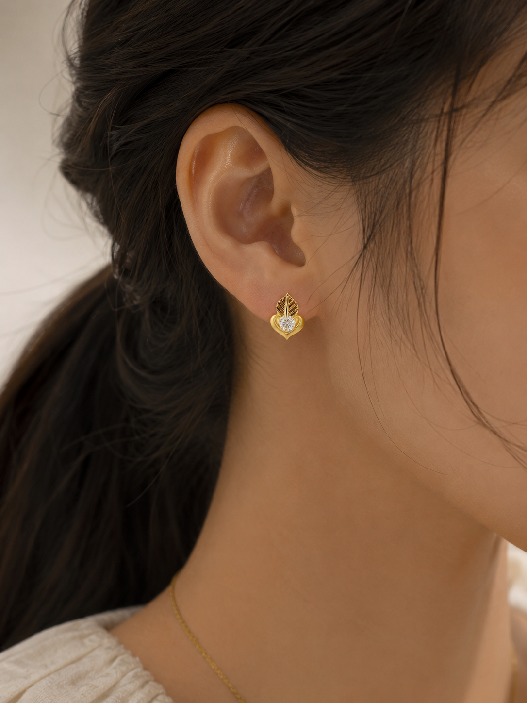 9K Gold Heart Leaf CZ Stud Earrings
