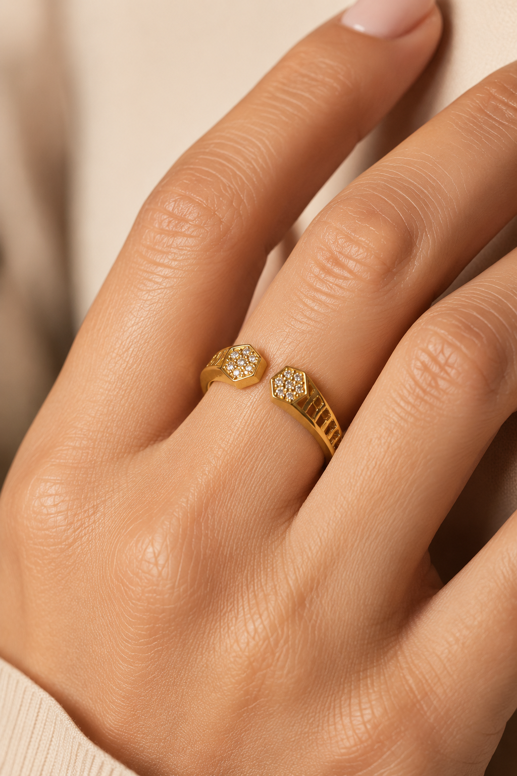 9K Gold Open Hexagon Diamond Ring (Size - 14)