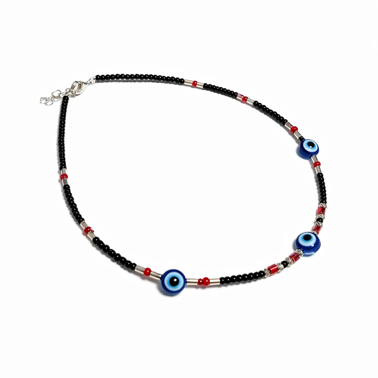 Triple Evil Eye Paired with Red Beads Anklet
