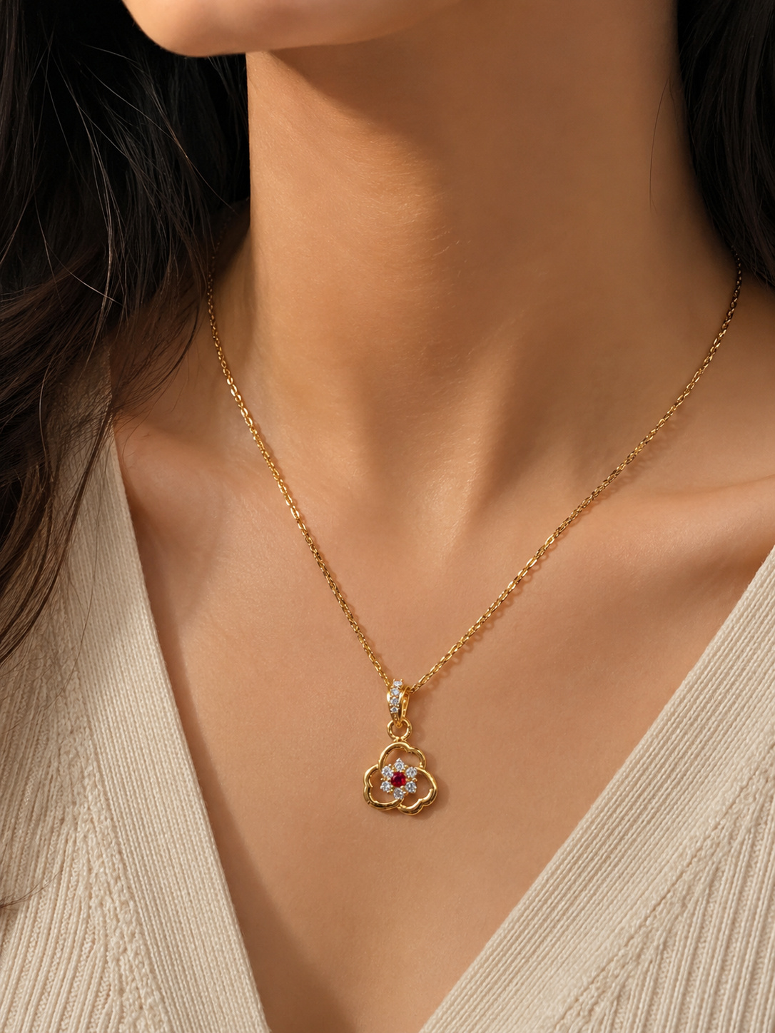9K Gold Floral Ruby Crystal Pendant