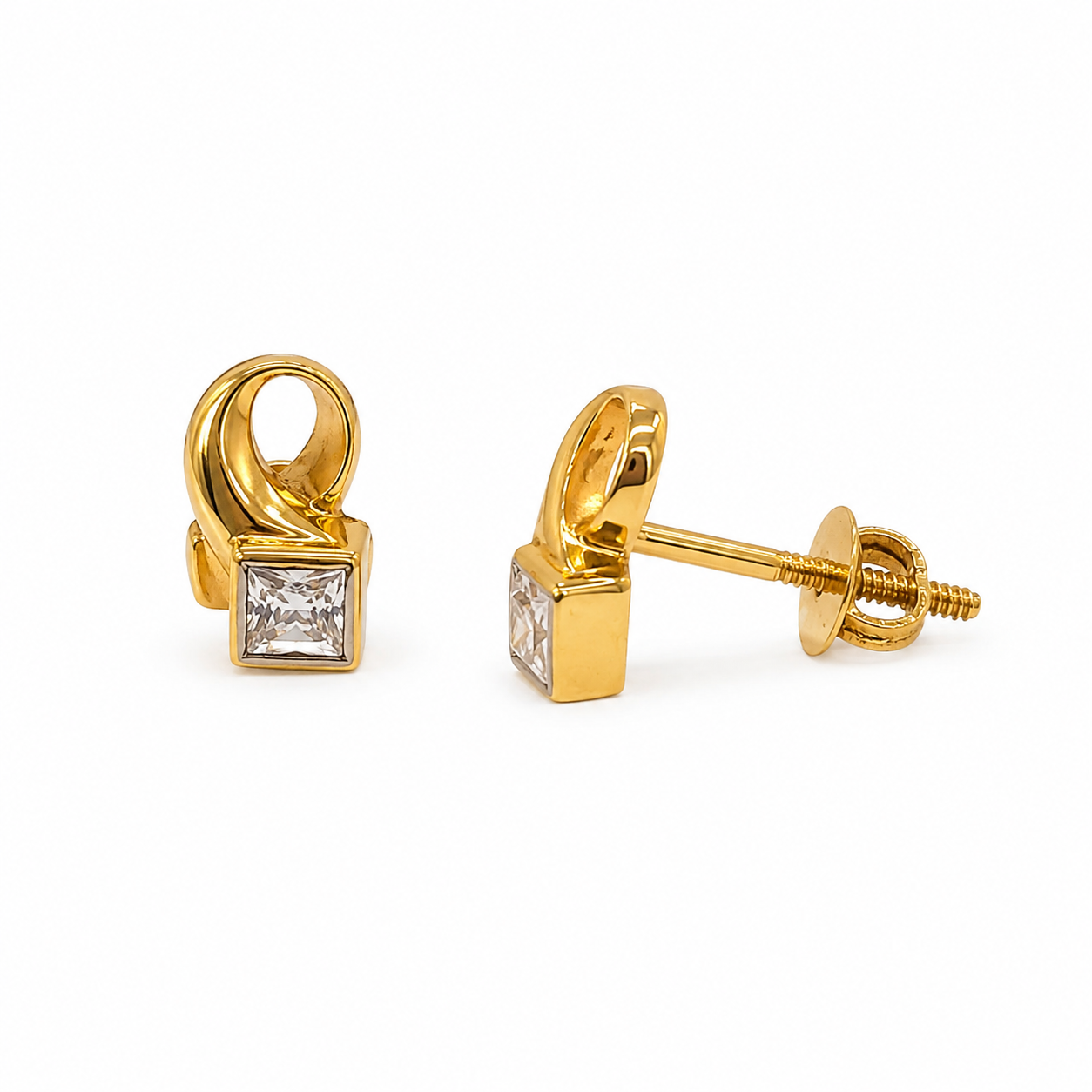 9K Gold Square CZ Loop Stud Earrings