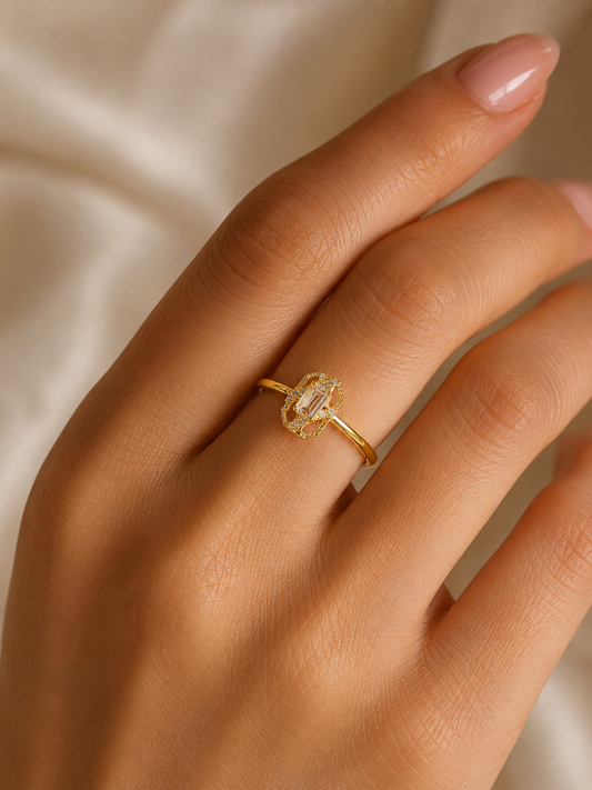 9K Gold Emerald-Cut Crystal Halo Ring (Size -11)