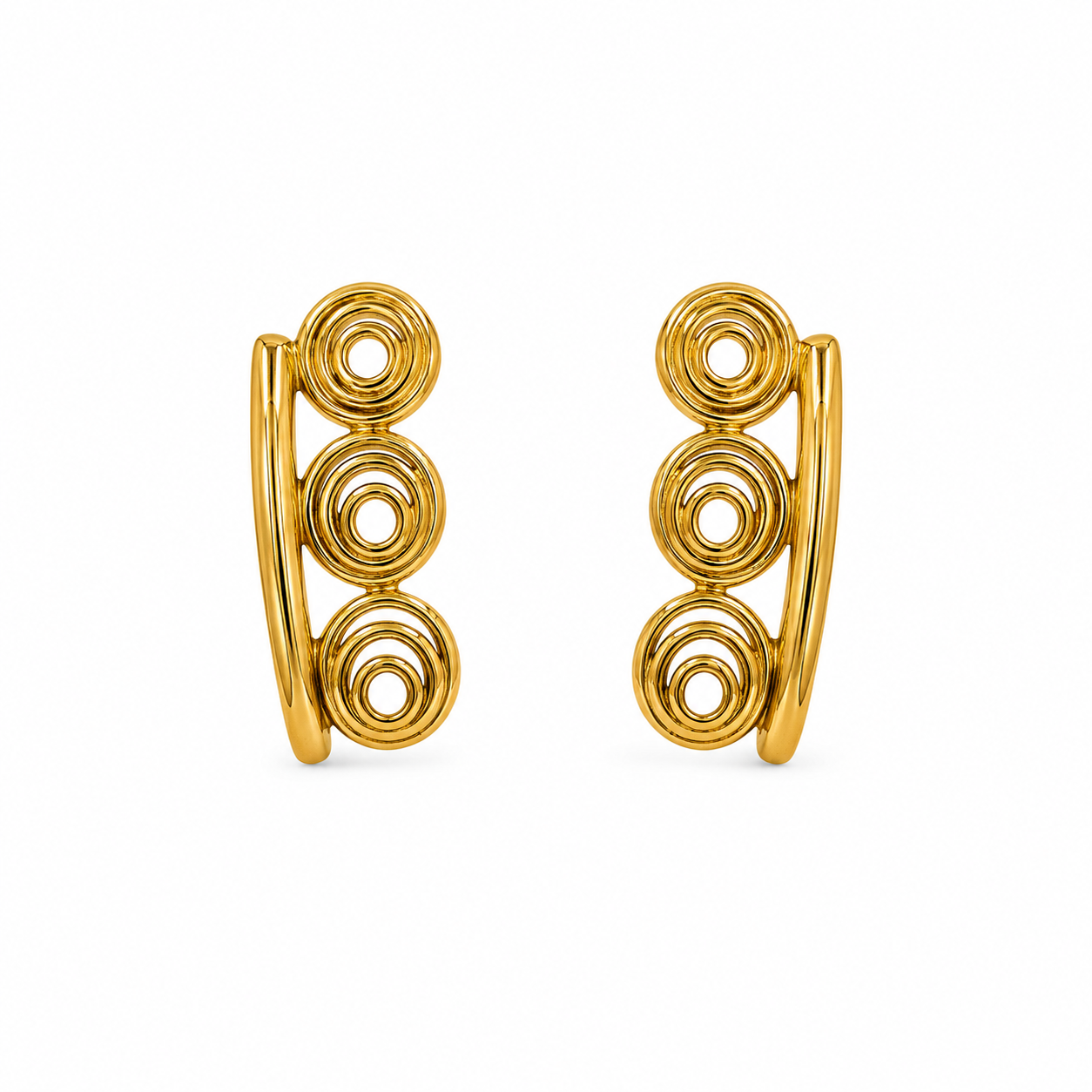 9K Gold Triple Spiral Statement Stud Earrings