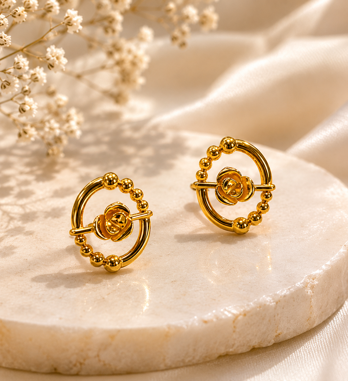 9K Gold Beaded Floral Circle Stud Earrings