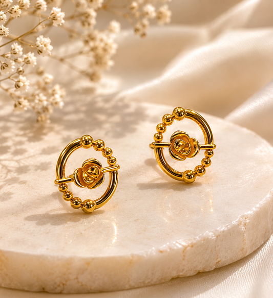 9K Gold Beaded Floral Circle Stud Earrings