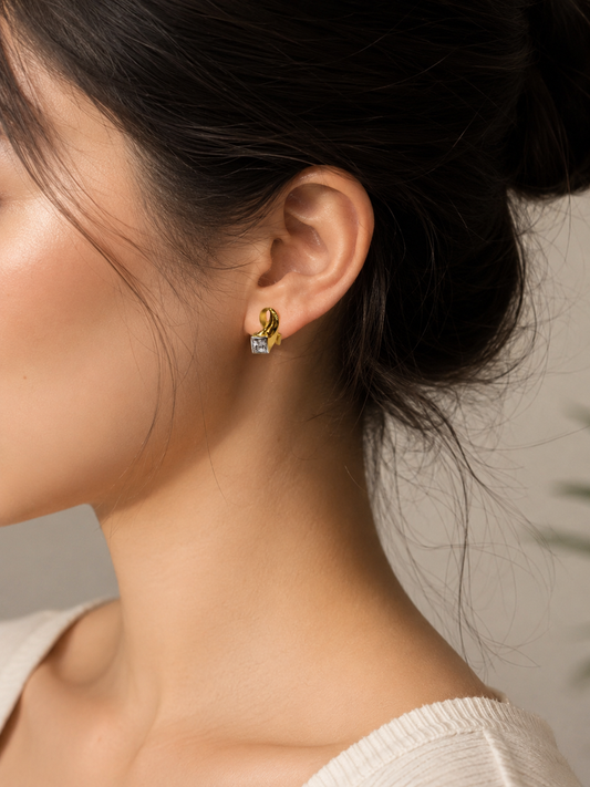 9K Gold Square CZ Loop Stud Earrings