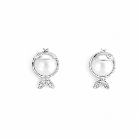 Silver Little Pearl Fish Stud Earrings