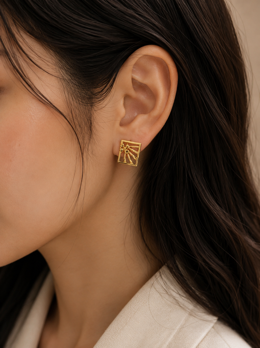 9K Gold Floral Sunburst Rectangle Stud Earrings