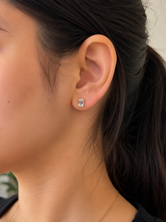 9K Gold Emerald Cut Stud Earrings