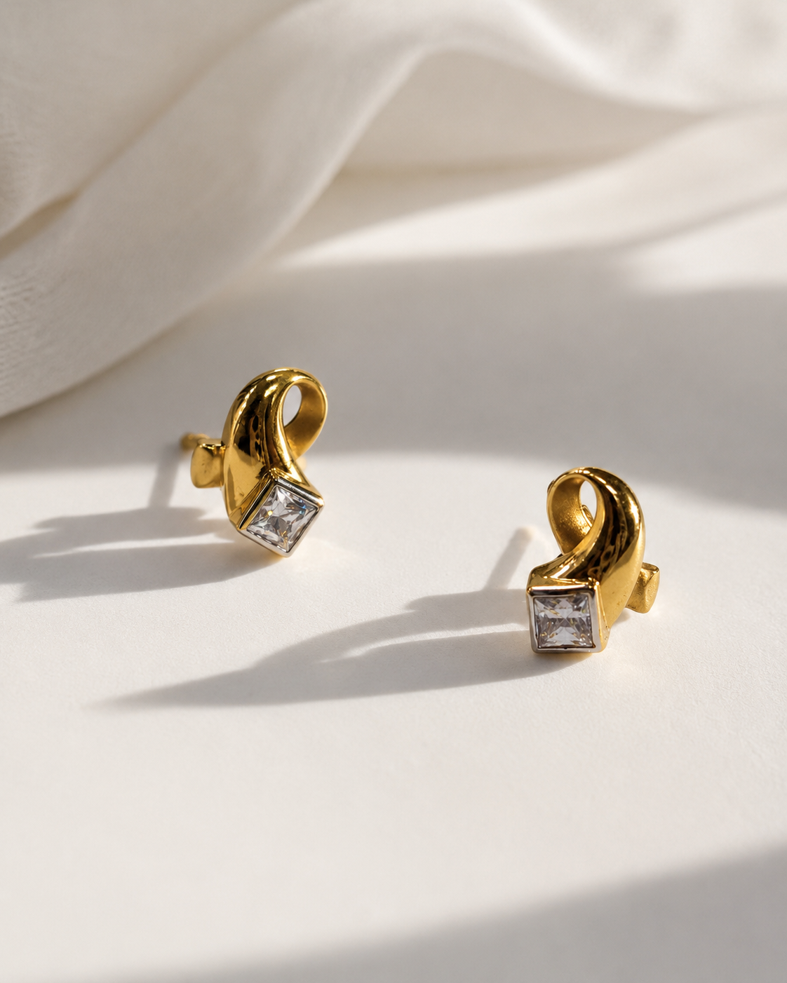 9K Gold Square CZ Loop Stud Earrings