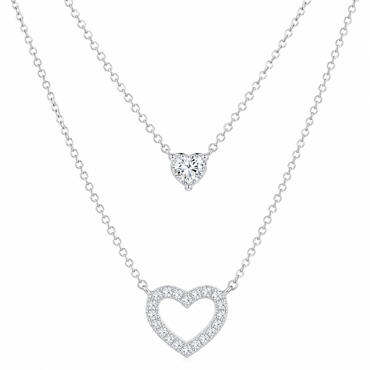 Silver Double Heart Layered Necklace