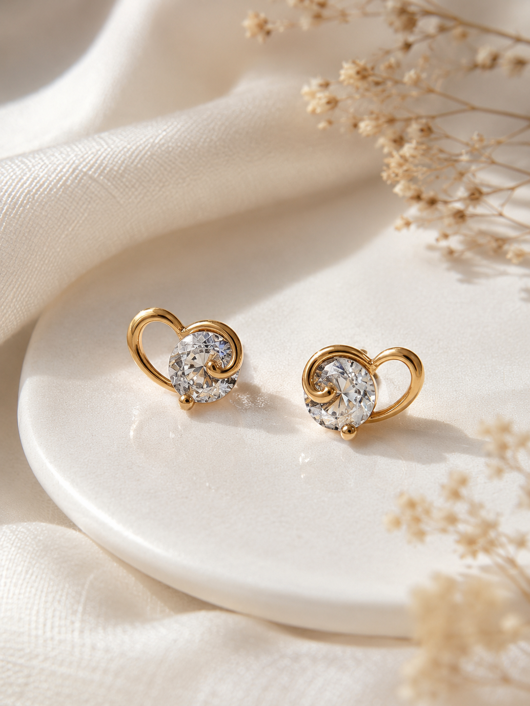 9K Gold Heart Crystal Stud Earrings