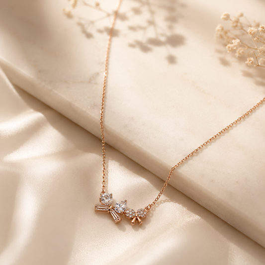 Silver Rose Gold Bow Heart Necklace