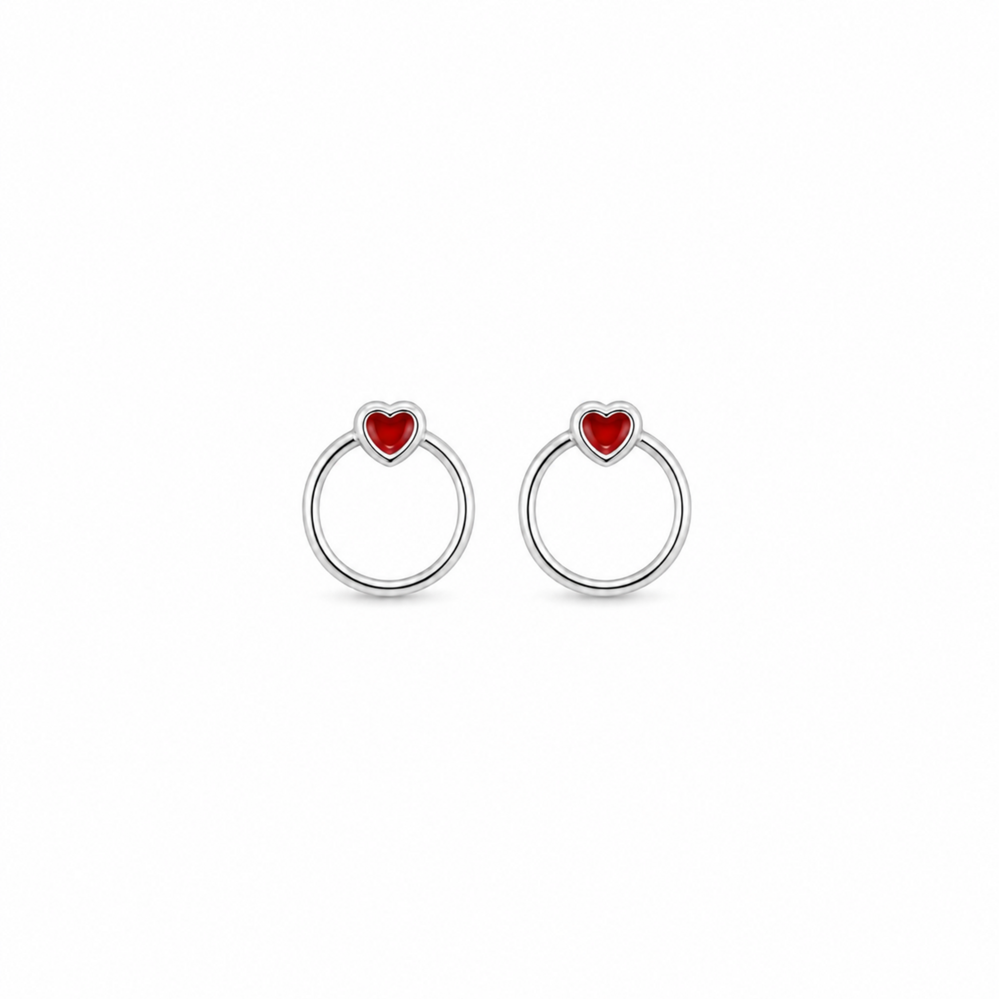 Silver Red Heart Hoop Stud Earrings