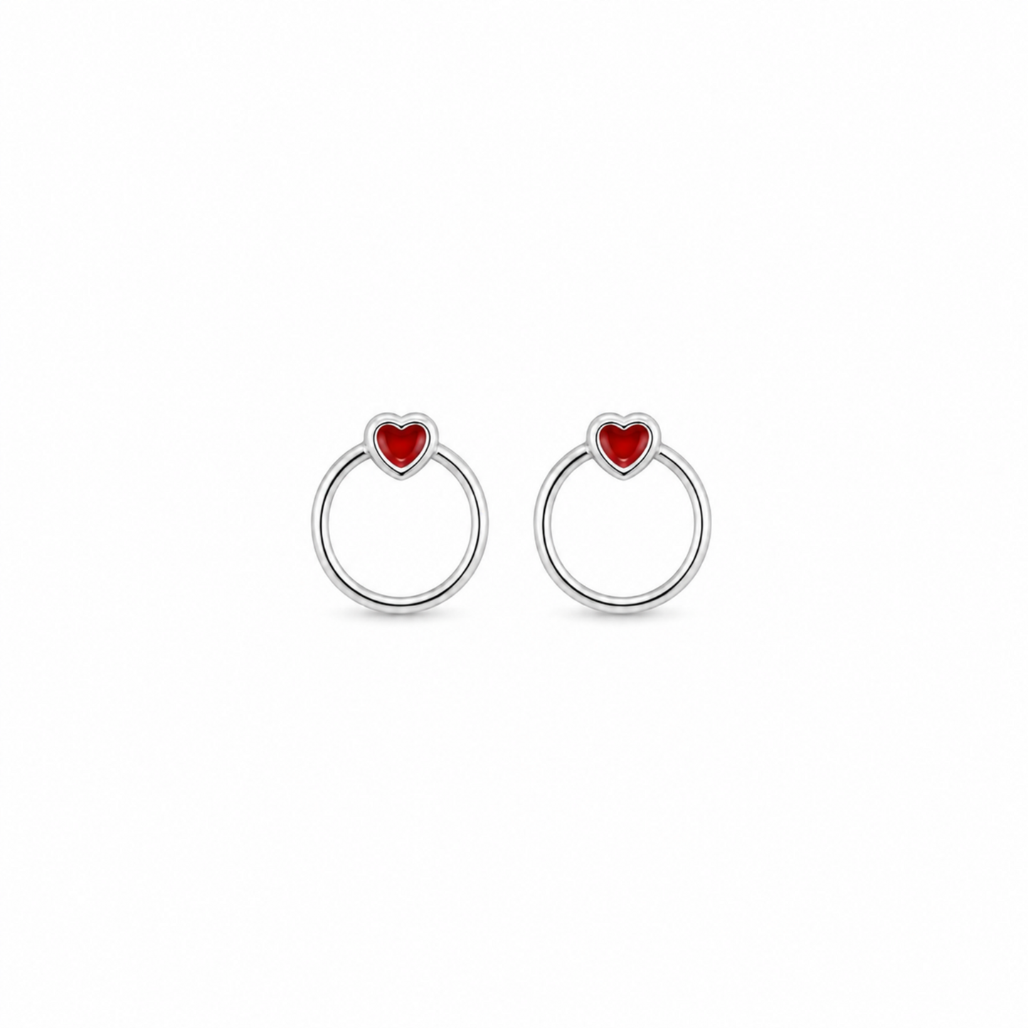 Silver Red Heart Hoop Stud Earrings