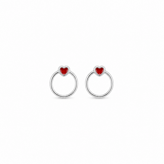 Silver Red Heart Hoop Stud Earrings